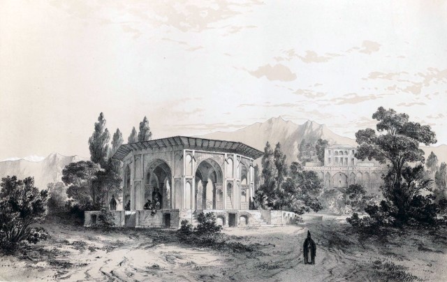 Gazebo_and_gardens_of_the_palace_of_Qasr_e_Qajar_by_Eugène_Flandin
